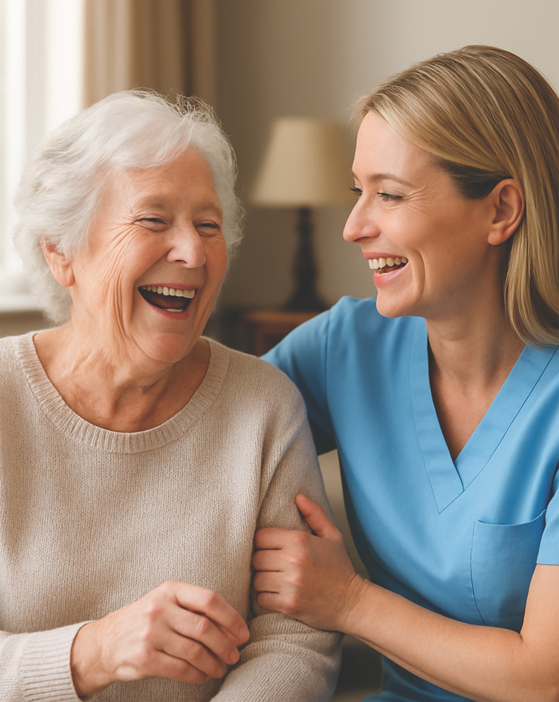 Carer and client sharing a joyful moment at home